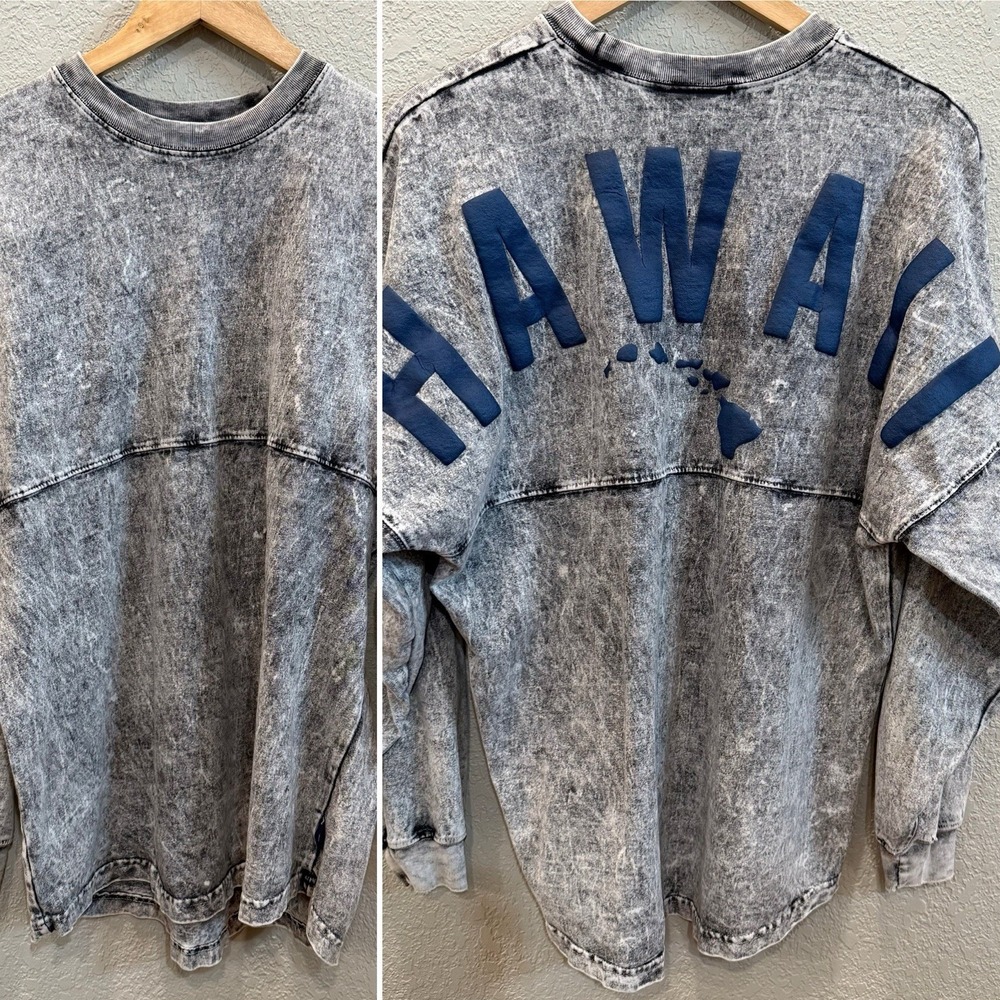Spirit Jersey Hawaii Black Acid Wash Distressed Long Sleeve Tee Small